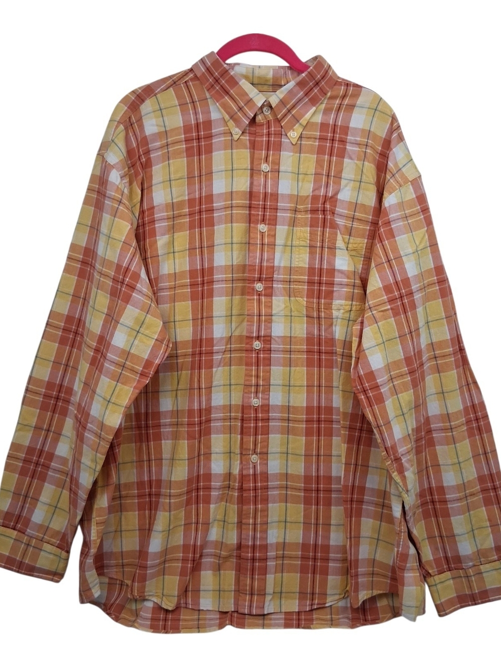 L.L. Bean Men's XL Plaid Button Down Shirt Yellow Orange 100% Cotton